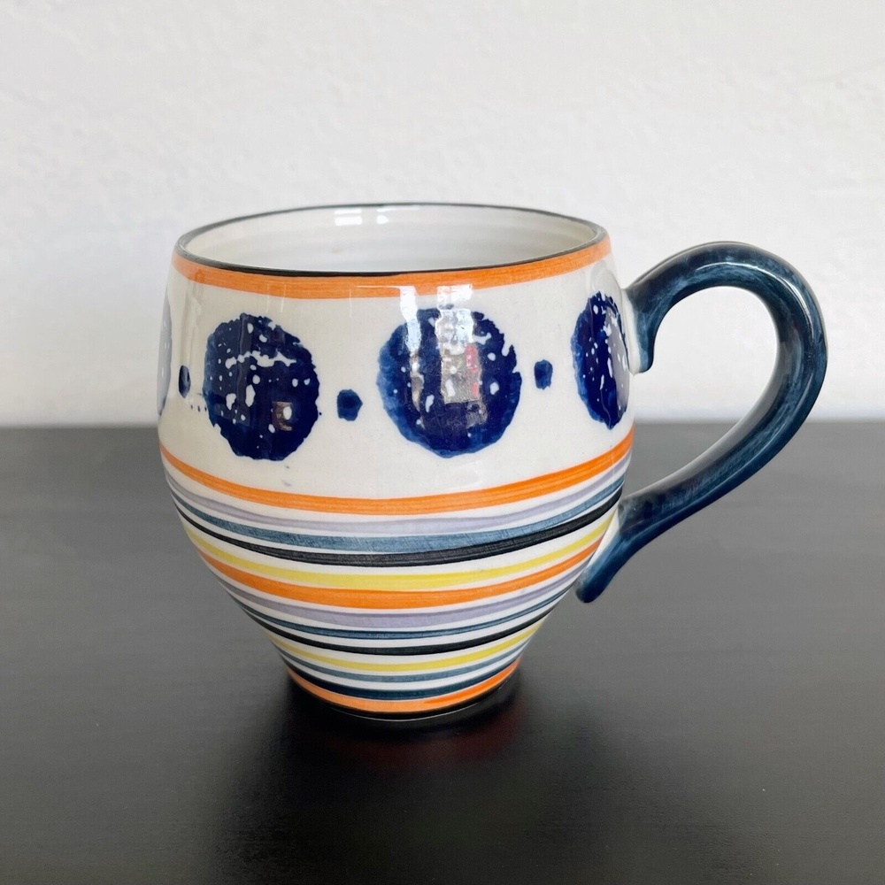 Anthropologie Spongeware Blue Dot w/ Stripe Stoneware Coffee Tea Mug
